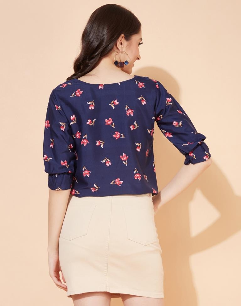 Navy Blue Floral Printed Top | Leemboodi