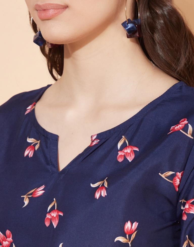 Navy Blue Floral Printed Top | Leemboodi