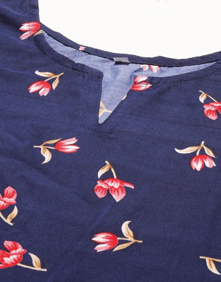 Navy Blue Floral Printed Top | Leemboodi