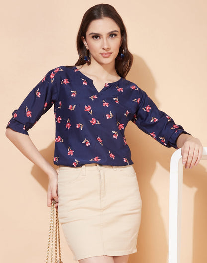 Navy Blue Floral Printed Top | Leemboodi