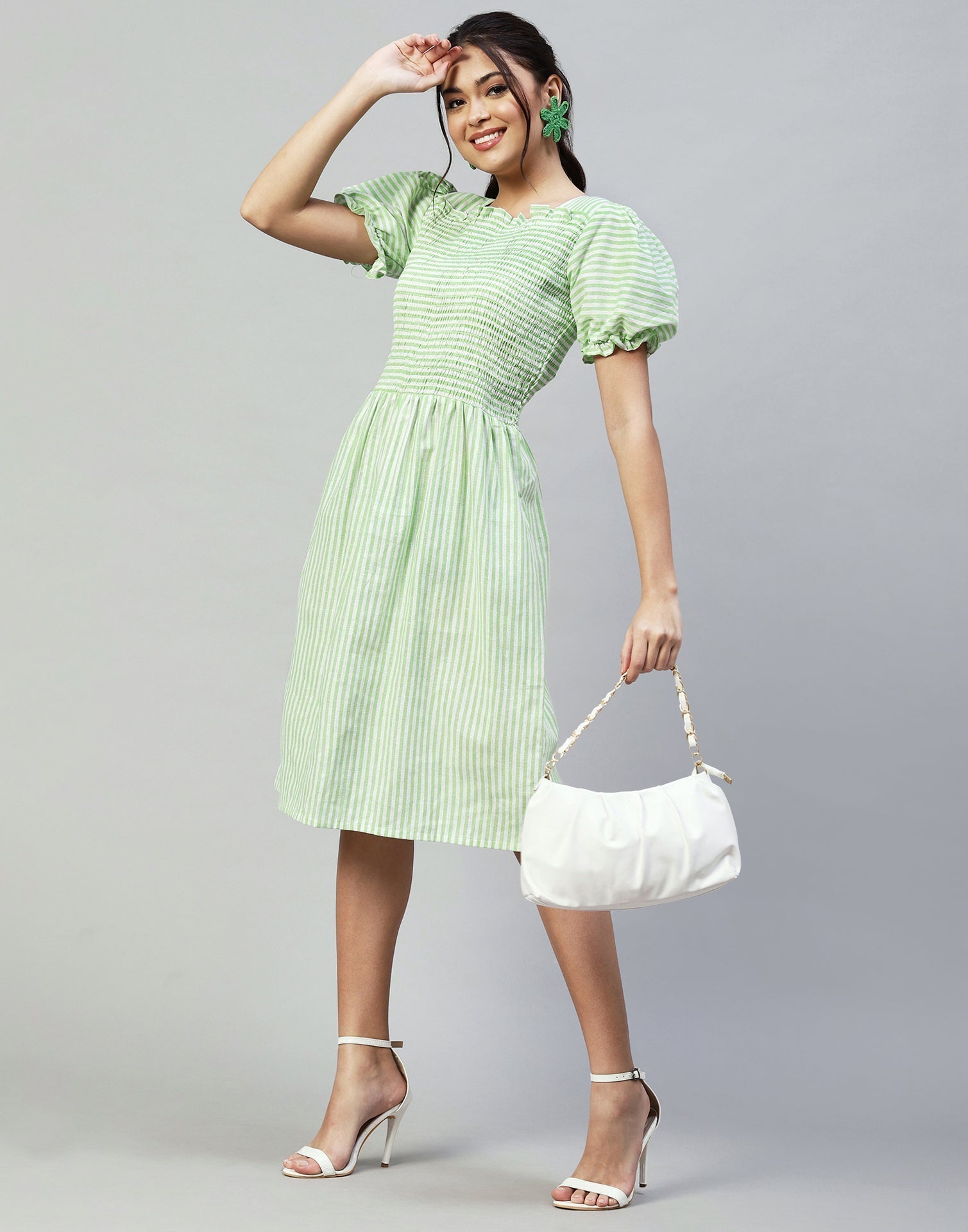 Pista Green Smocked Dress | Leemboodi