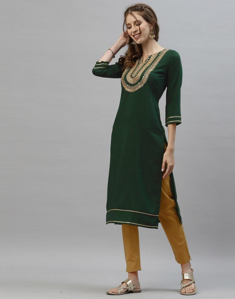 Bottle Green Embroidered Kurti | Sudathi