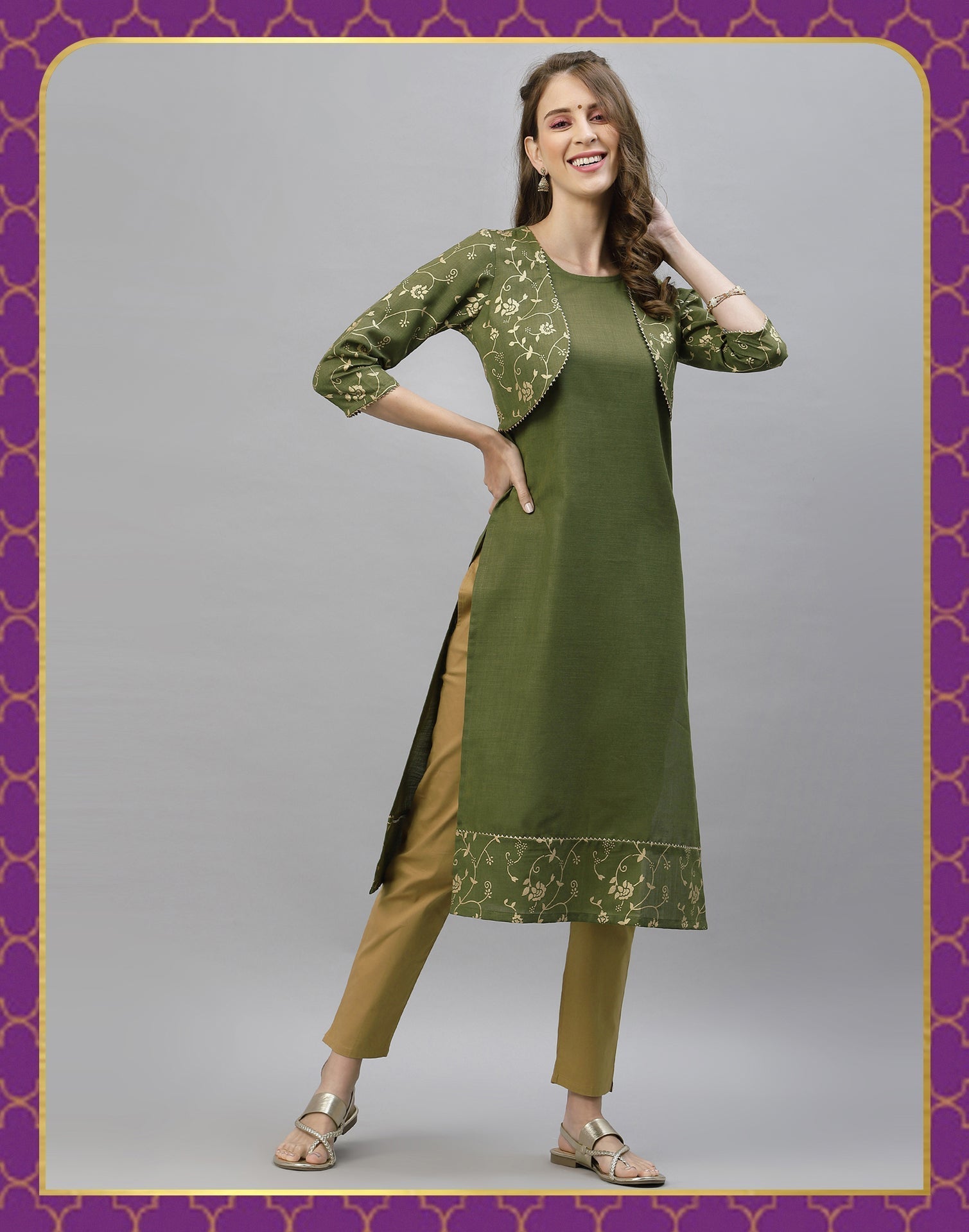 Olive Green Printed Kurti | Leemboodi