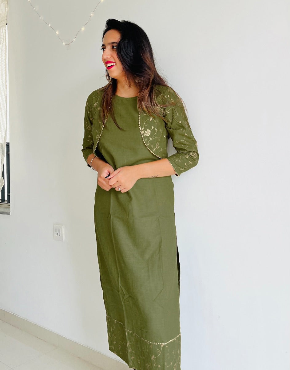 Olive Green Printed Kurti | Leemboodi