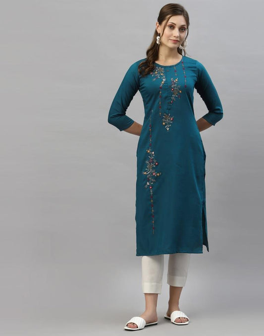 Teal Blue Embroidered Kurti | Leemboodi