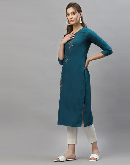 Teal Blue Embroidered Kurti | Leemboodi