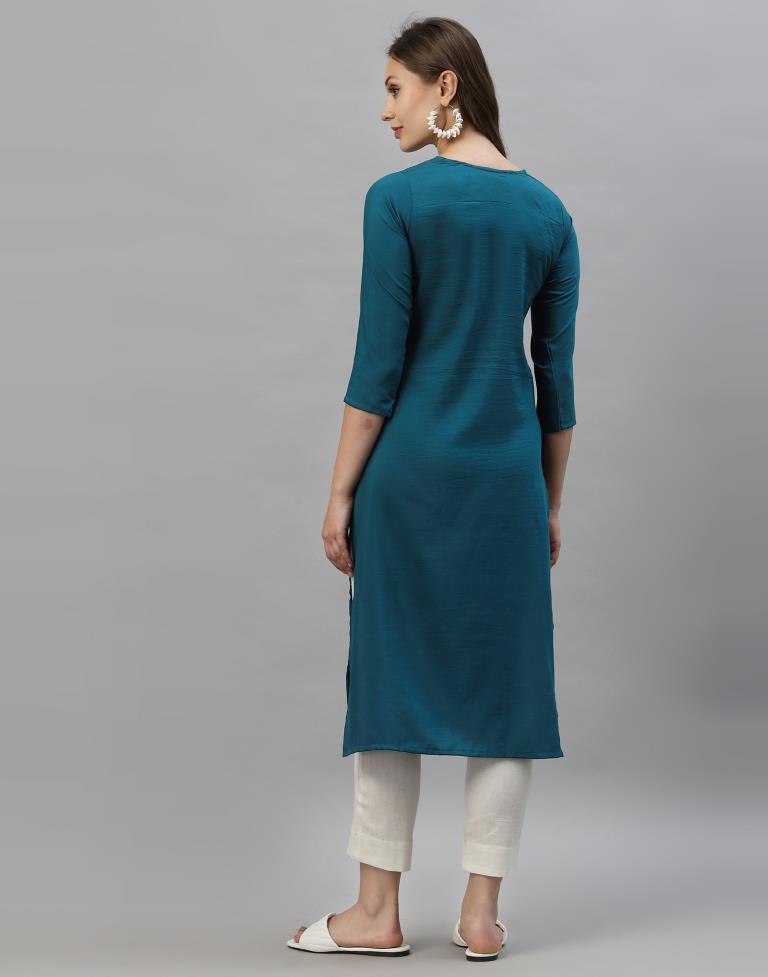 Teal Blue Embroidered Kurti | Leemboodi