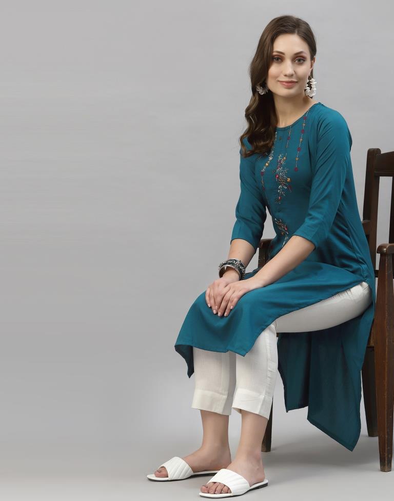 Teal Blue Embroidered Kurti | Leemboodi