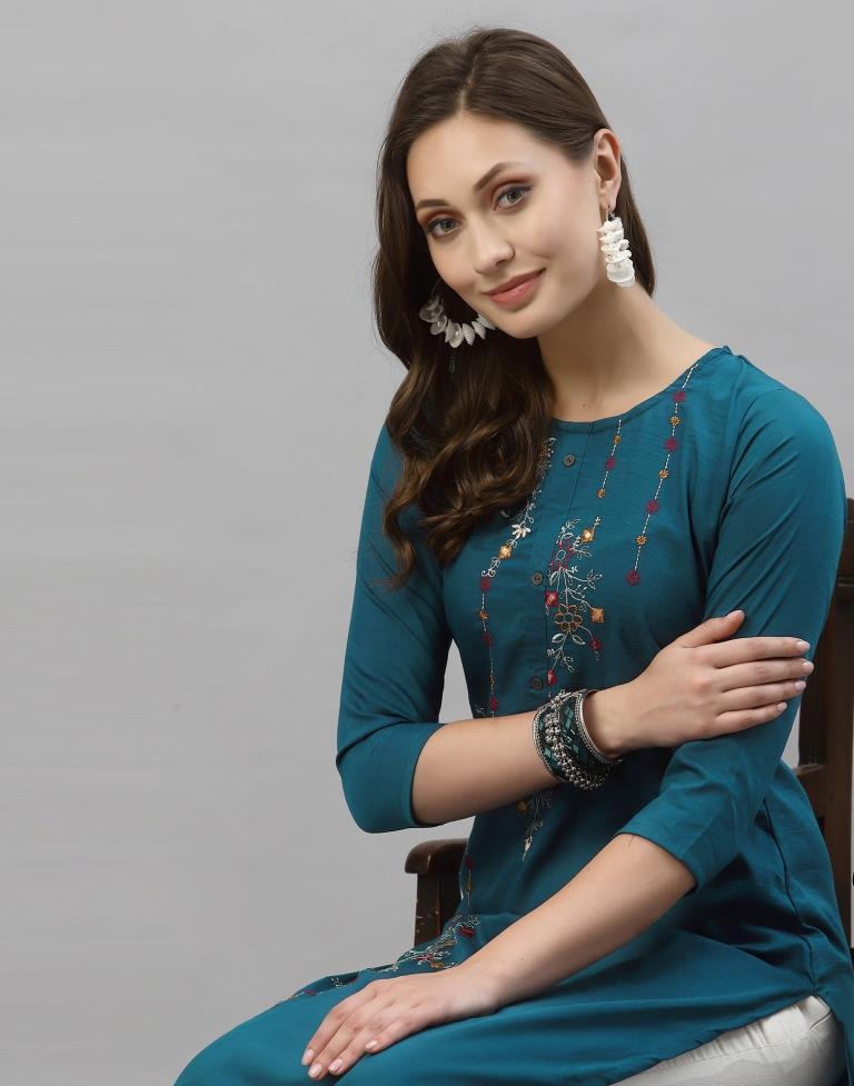 Teal Blue Embroidered Kurti | Leemboodi