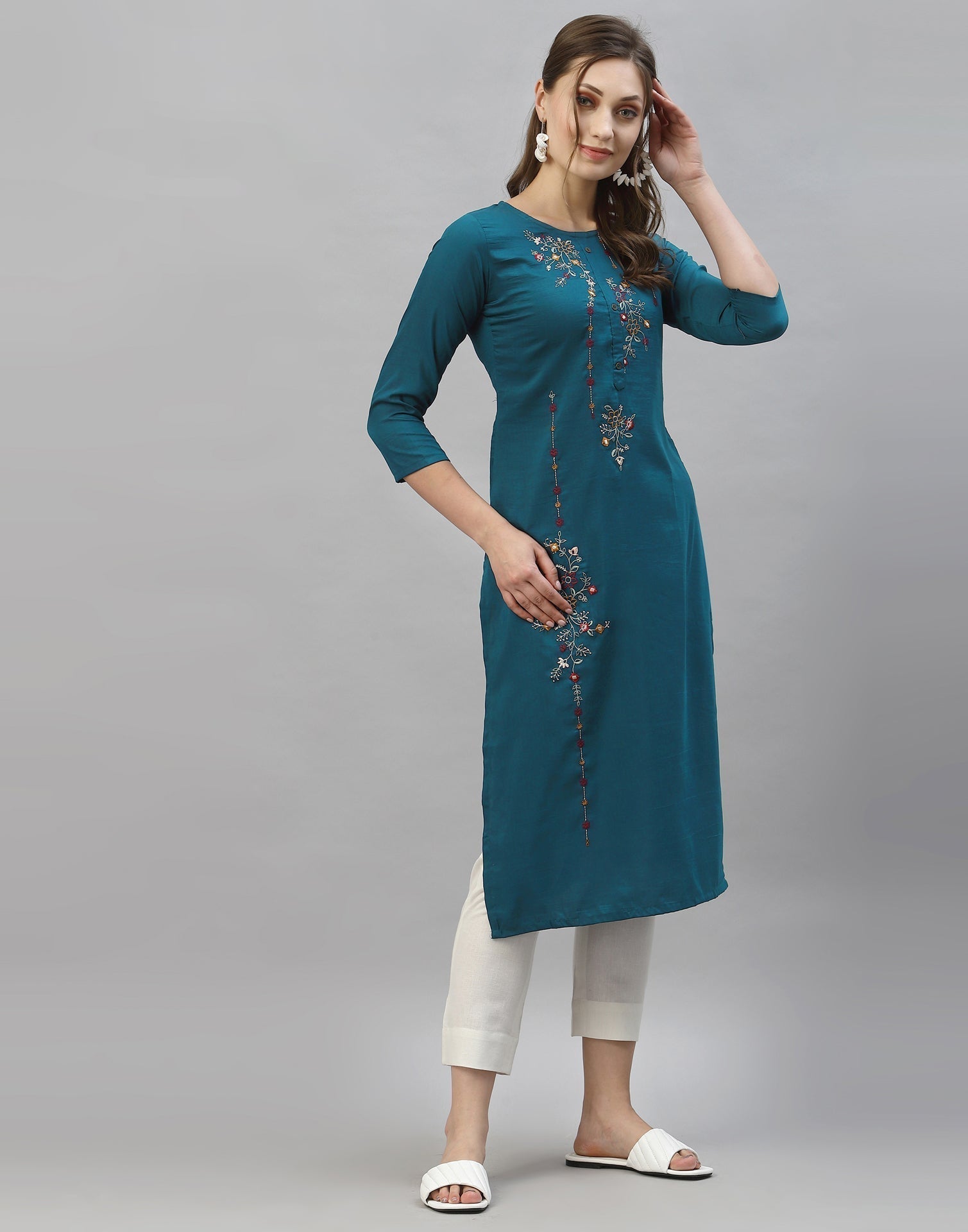 Teal Blue Embroidered Kurti | Leemboodi