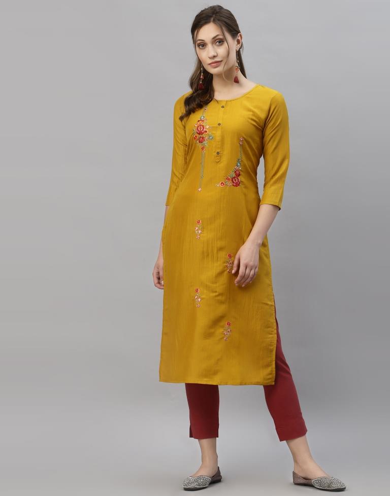 Yellow Embroidered Kurti | Leemboodi