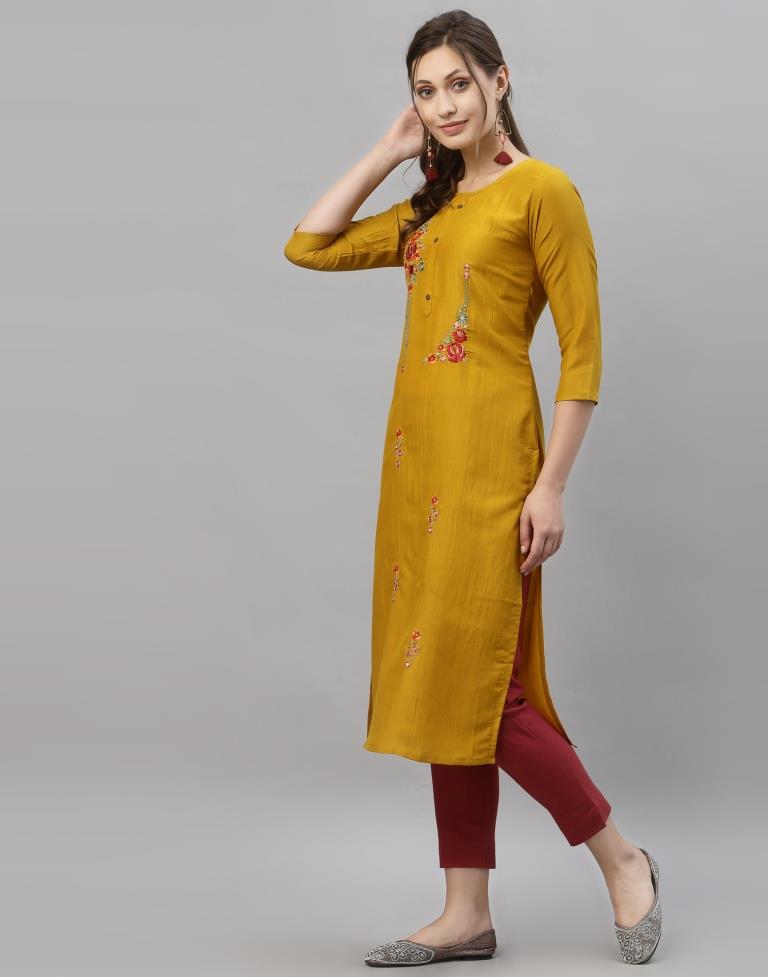 Yellow Embroidered Kurti | Leemboodi