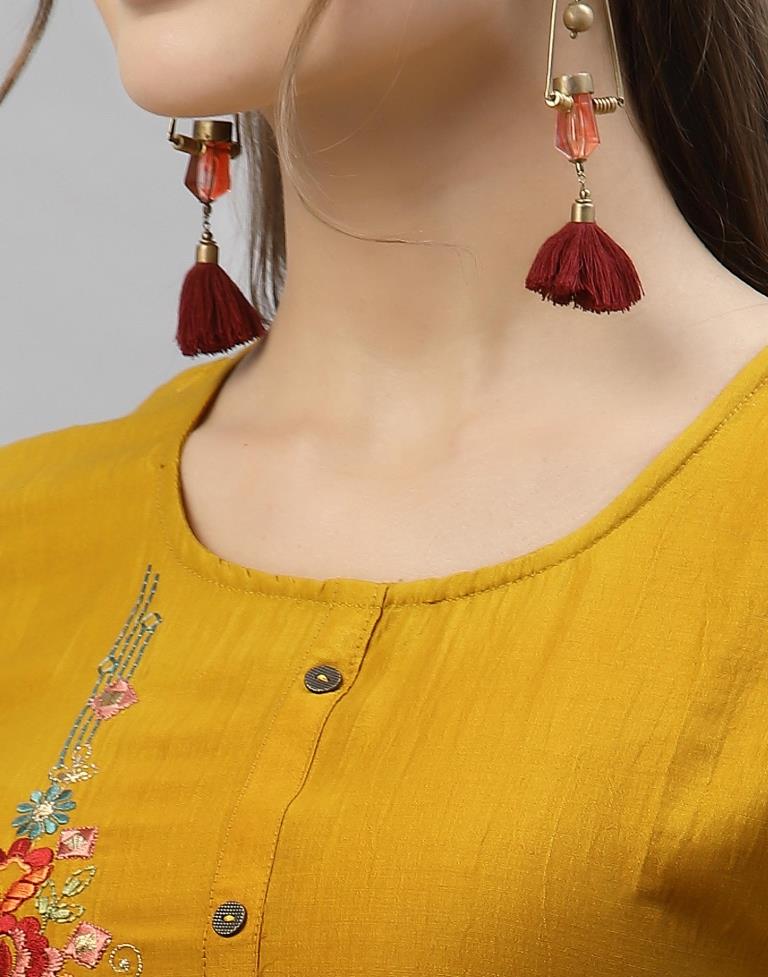 Yellow Embroidered Kurti | Leemboodi