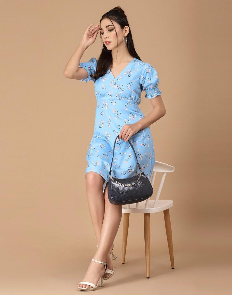 Light Blue Printed Straight Dress | Sudathi