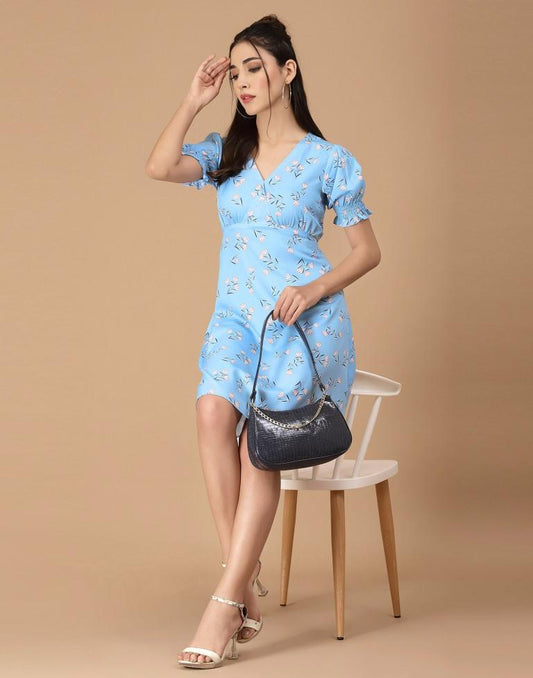Light Blue Printed Straight Dress | Sudathi