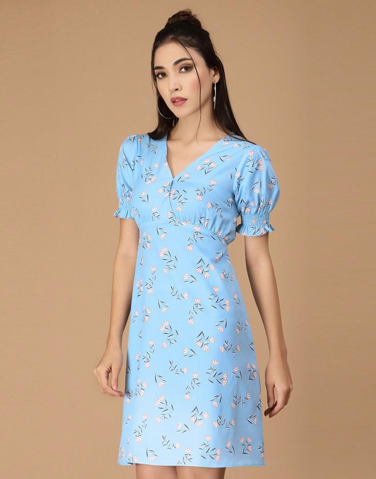Light Blue Printed Straight Dress | Sudathi