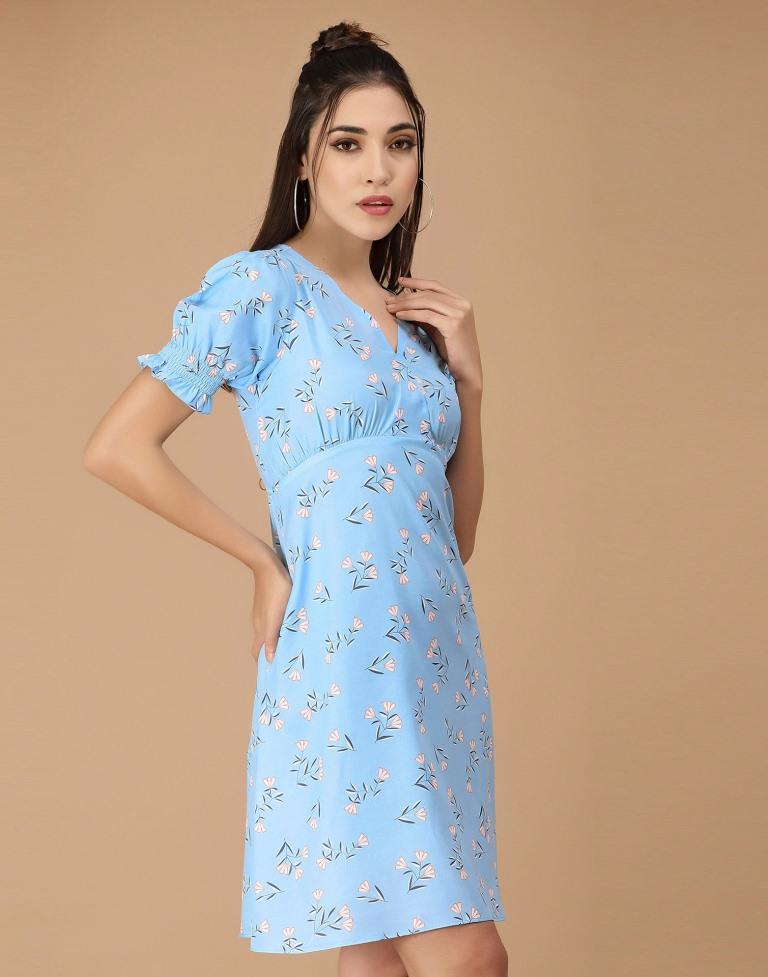 Light Blue Printed Straight Dress | Sudathi