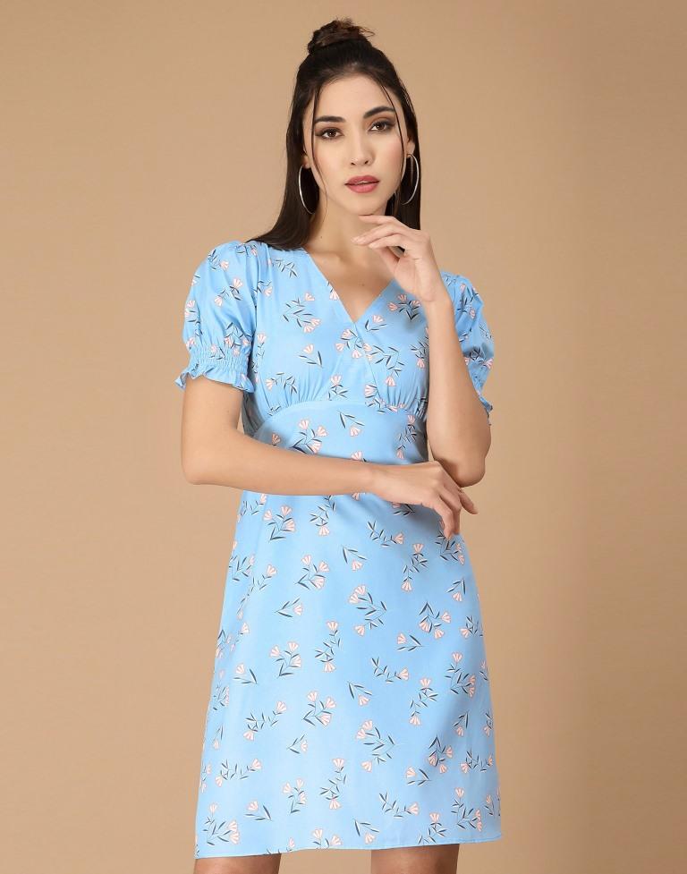 Light Blue Printed Straight Dress | Sudathi
