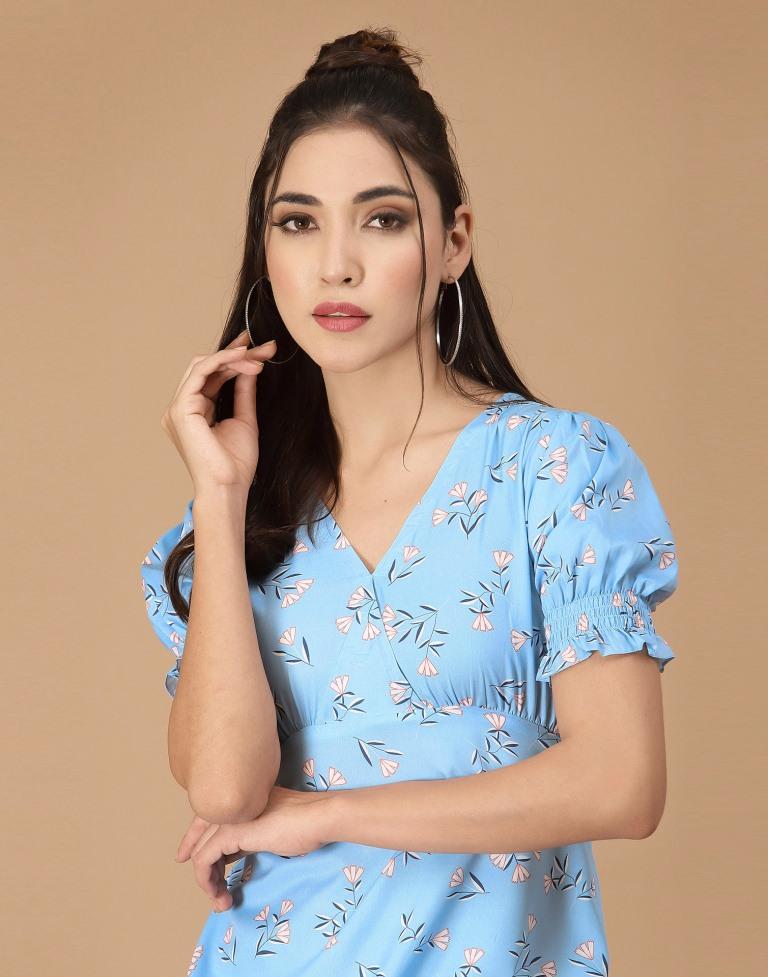 Light Blue Printed Straight Dress | Sudathi