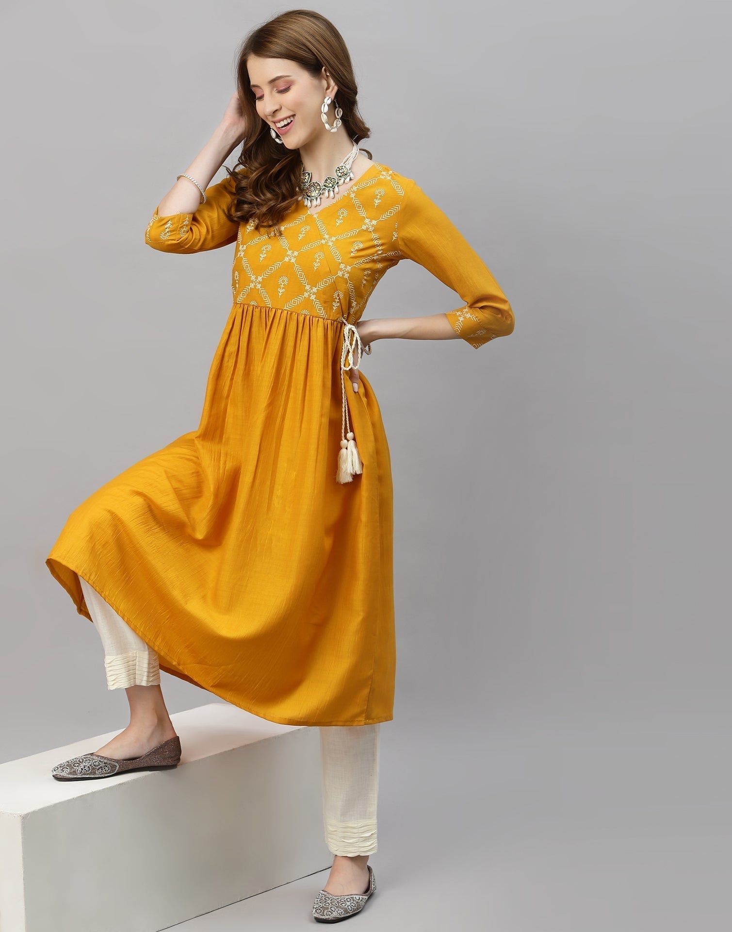 Mustard Yellow Printed Kurti | Sudathi