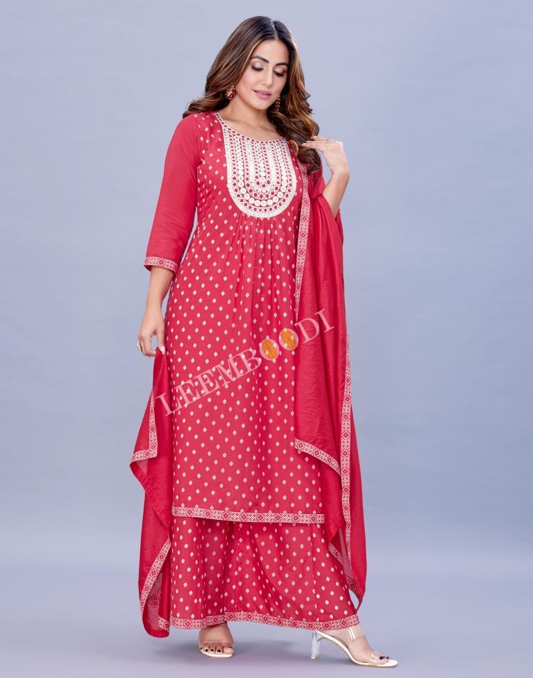 Tomato Pink Kurti With Palazzo And Dupatta | Leemboodi