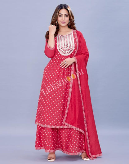 Tomato Pink Kurti With Palazzo And Dupatta | Leemboodi