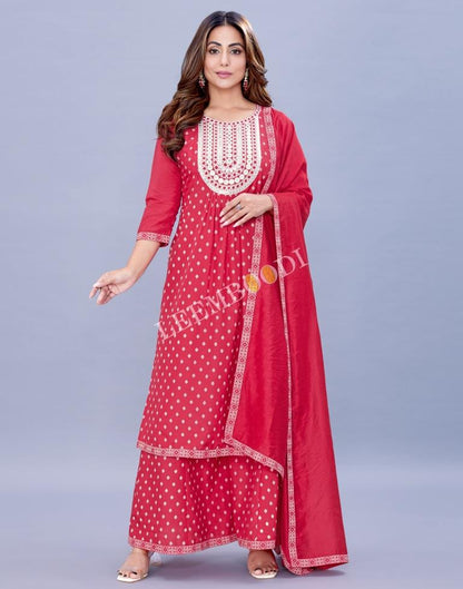 Tomato Pink Kurti With Palazzo And Dupatta | Leemboodi