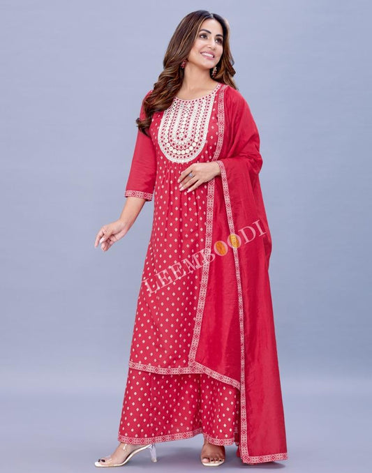 Tomato Pink Kurti With Palazzo And Dupatta | Leemboodi