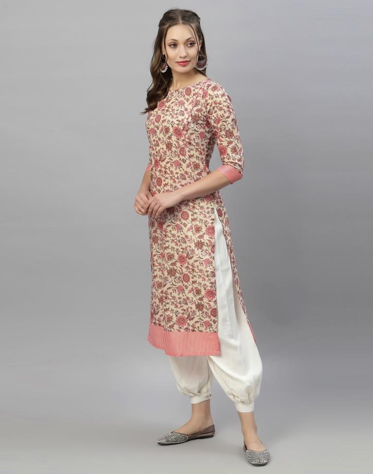 Beige And Pink Printed Kurti | Leemboodi