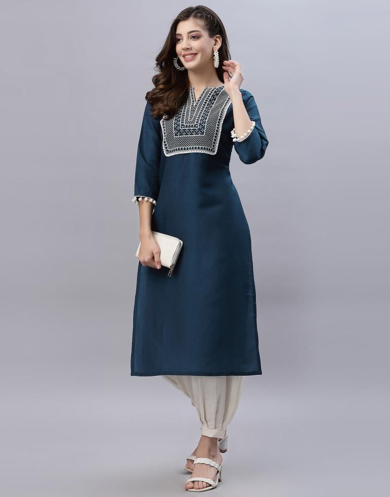 Dark Blue Embroidered Kurti | Leemboodi