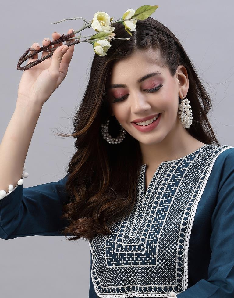 Dark Blue Embroidered Kurti | Leemboodi