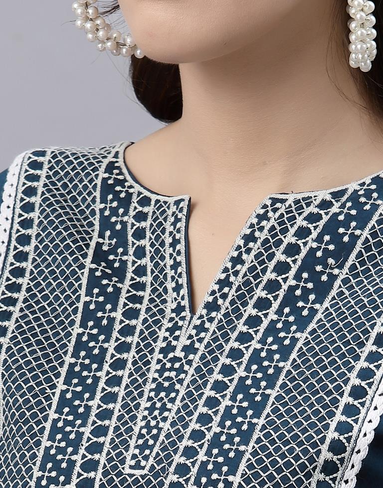 Dark Blue Embroidered Kurti | Leemboodi