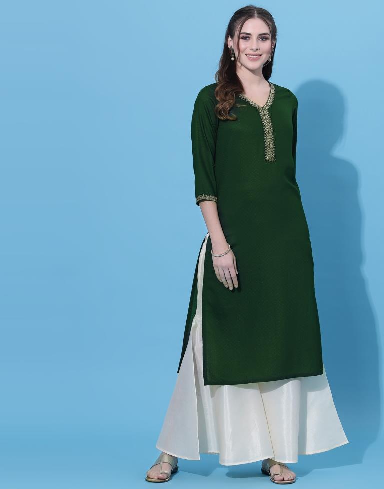 Bottle Green Embroidered Kurti | Leemboodi