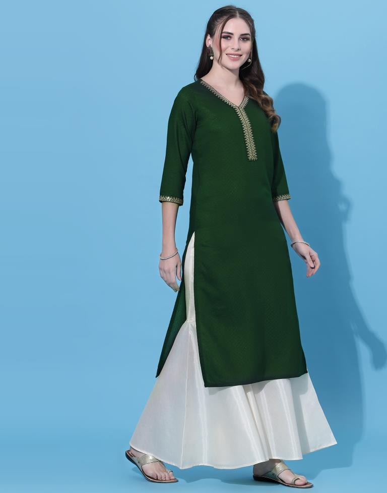 Bottle Green Embroidered Kurti | Leemboodi