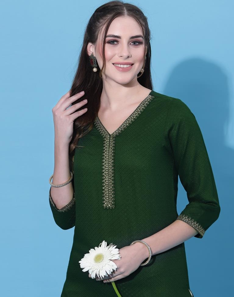 Bottle Green Embroidered Kurti | Leemboodi