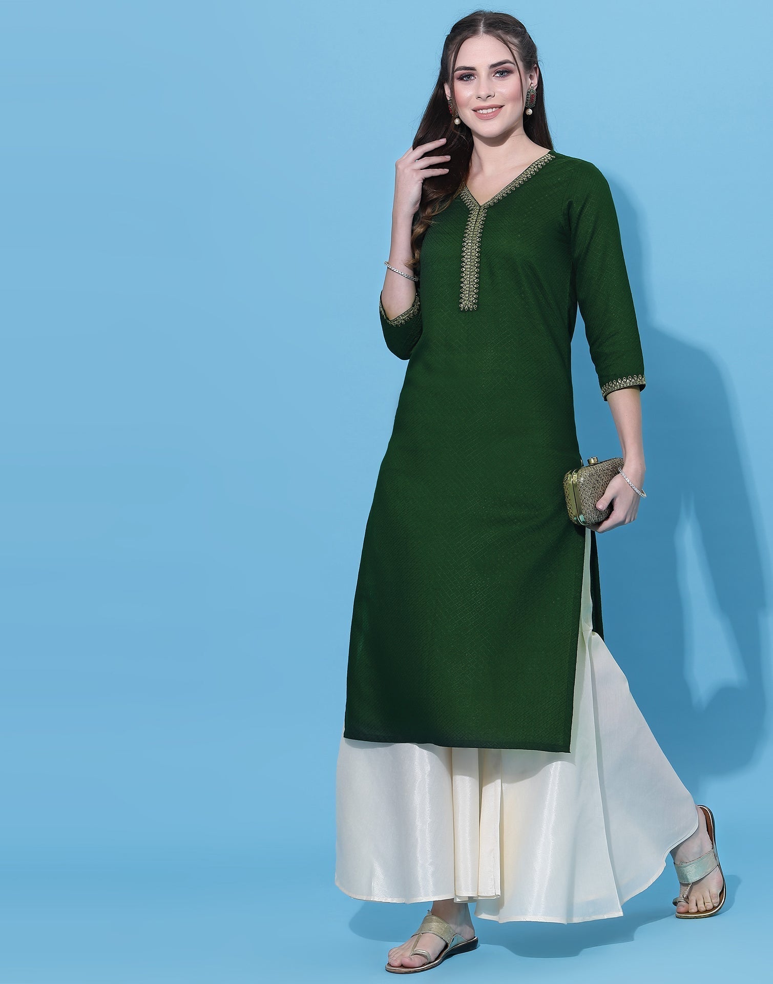 Bottle Green Embroidered Kurti | Leemboodi