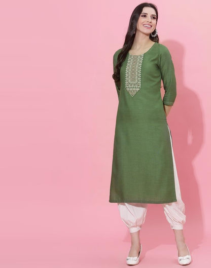 Olive Green Embroidered Kurti | Leemboodi