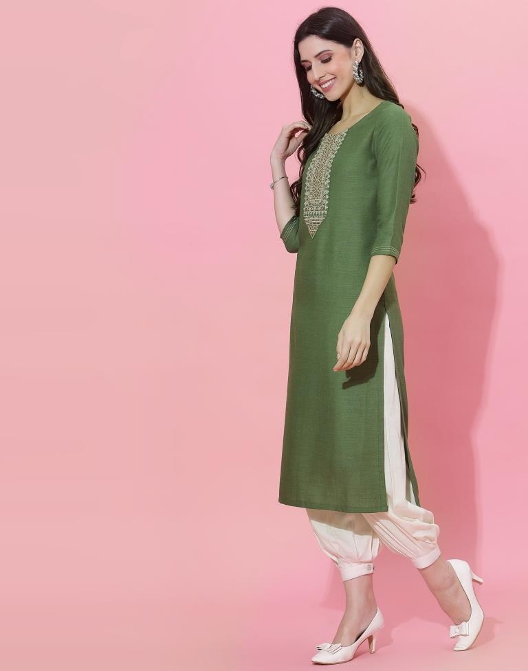 Olive Green Embroidered Kurti | Leemboodi