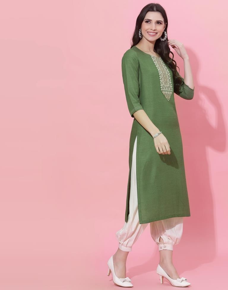 Olive Green Embroidered Kurti | Leemboodi