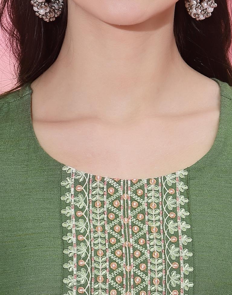 Olive Green Embroidered Kurti | Leemboodi