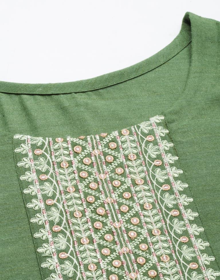 Olive Green Embroidered Kurti | Leemboodi