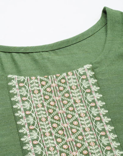 Olive Green Embroidered Kurti | Leemboodi