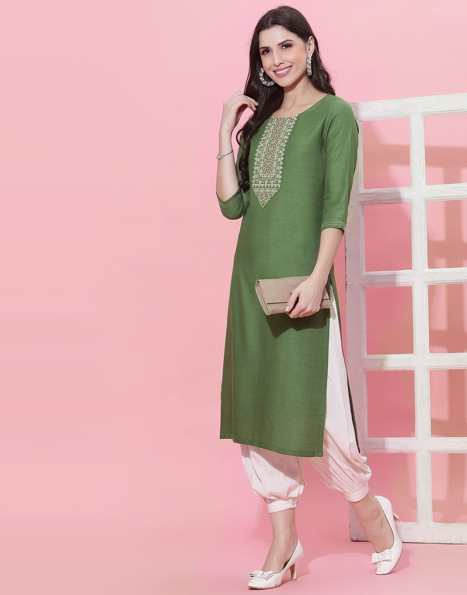 Olive Green Embroidered Kurti | Leemboodi