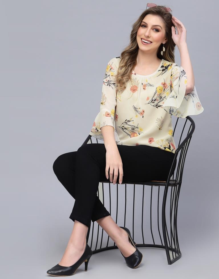 Off White Georgette Printed Top | Sudathi