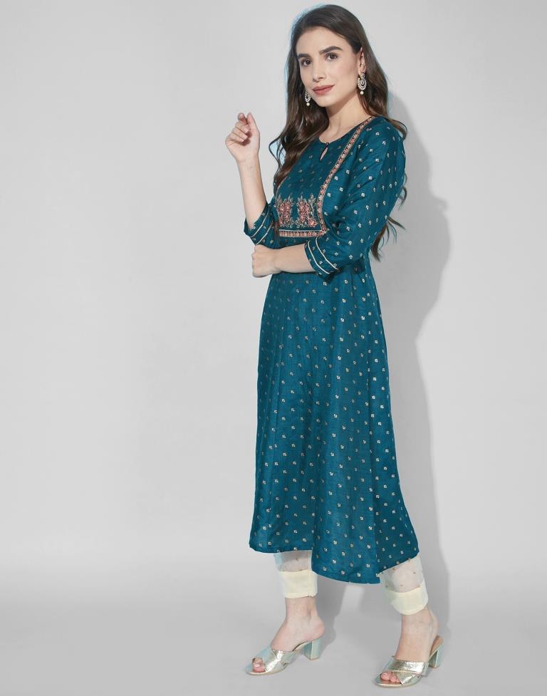 Teal Embroidered Kurti | Leemboodi