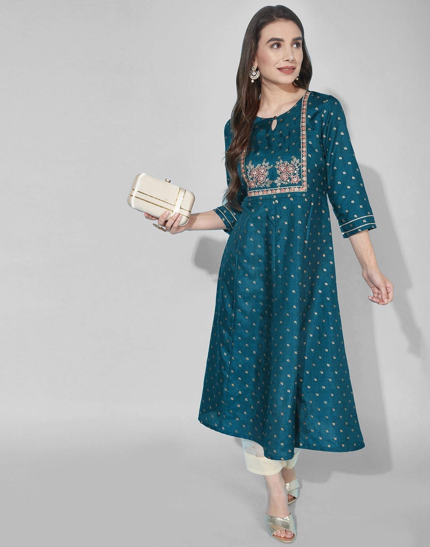 Teal Embroidered Kurti | Leemboodi