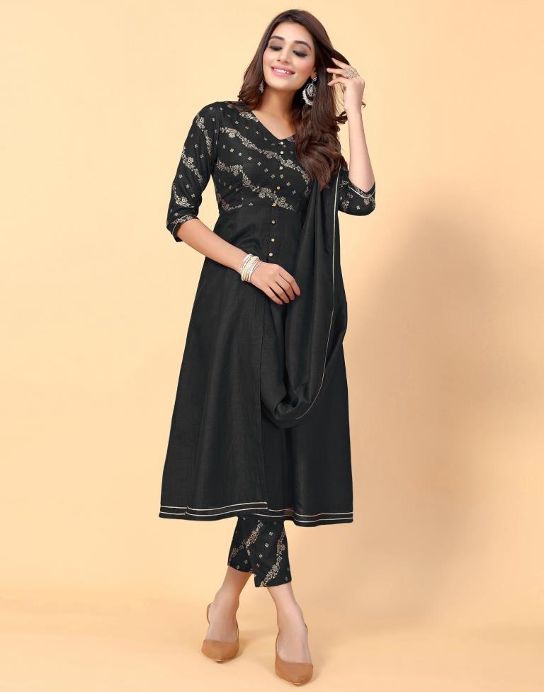 Black Printed Silk A-line Kurta With Pant And Dupatta