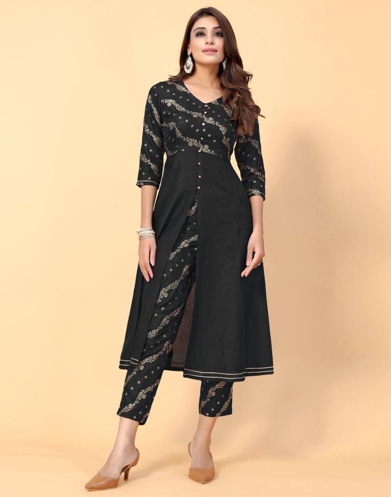 Black Printed Silk A-line Kurta With Pant And Dupatta