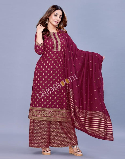 Cherry Pink Kurti With Palazzo And Dupatta | Leemboodi