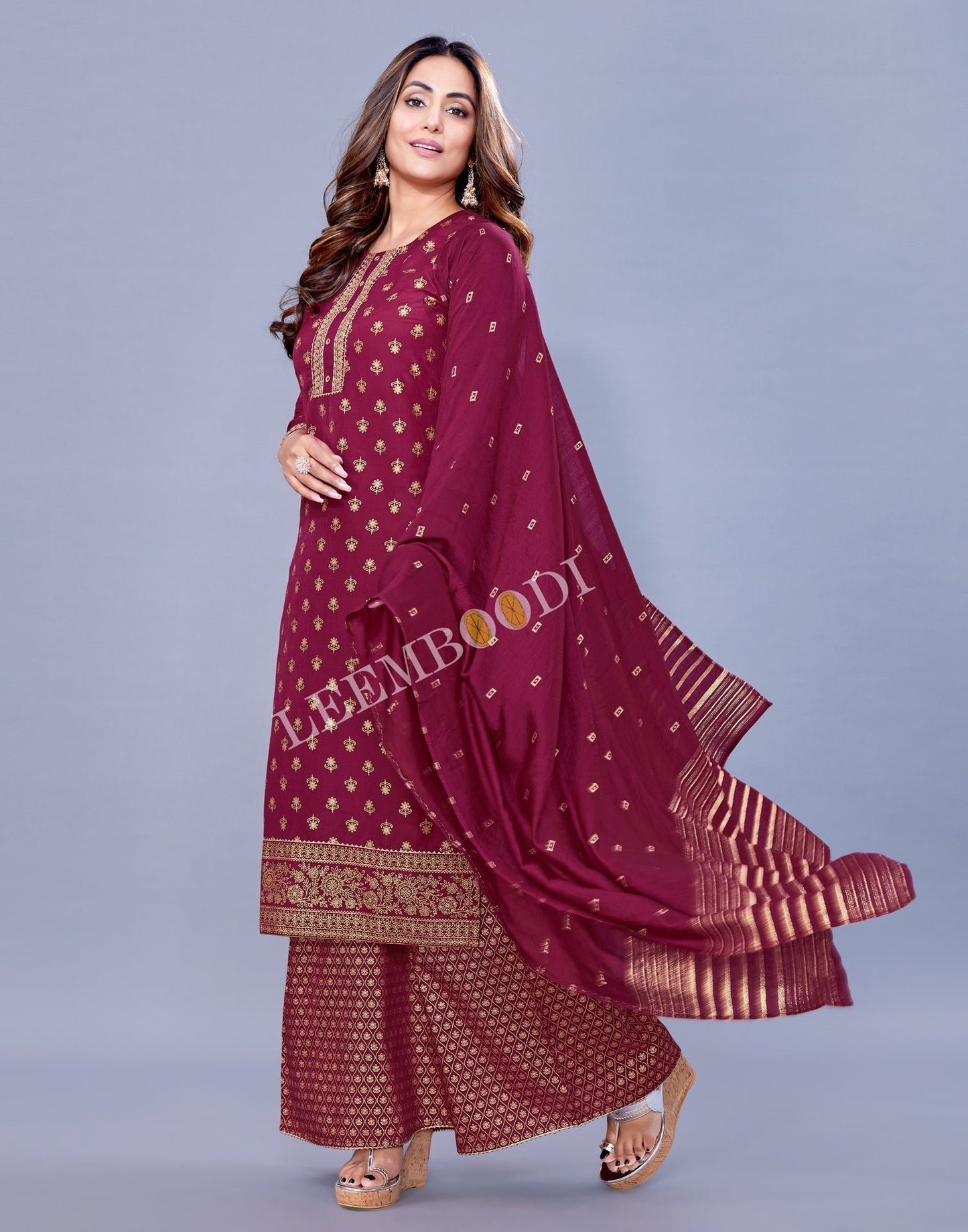 Cherry Pink Kurti With Palazzo And Dupatta | Leemboodi
